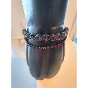 Gunmetal Ruby Red Heart & Tennis Bracelet Set Gothic Rhinestone Jewelry 2pc Y2K